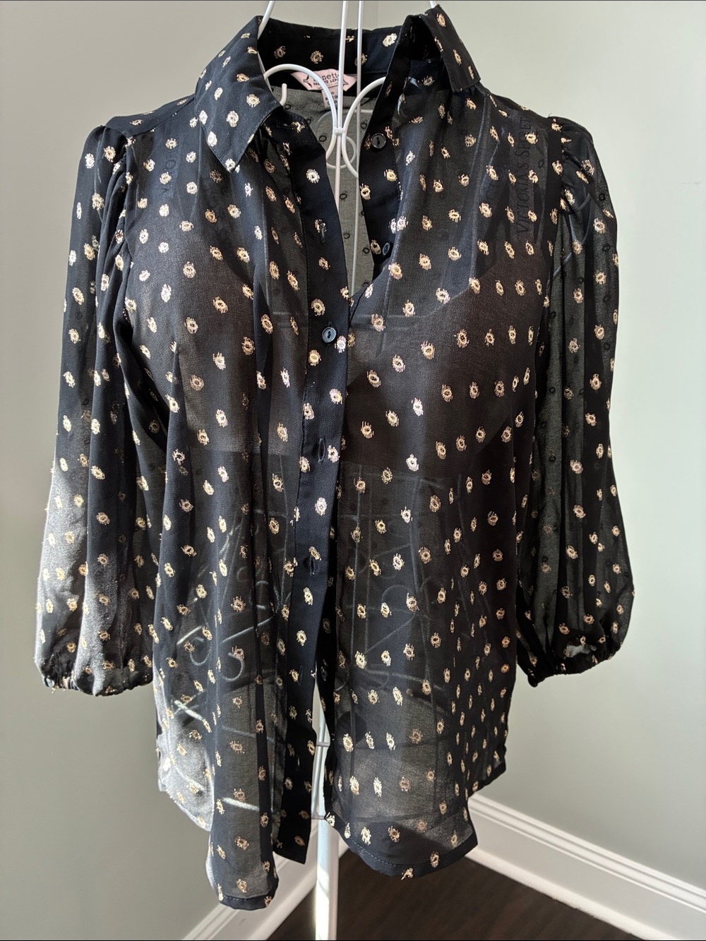Nanette Lepore Black Sheer Blouse with Gold Dot Motif